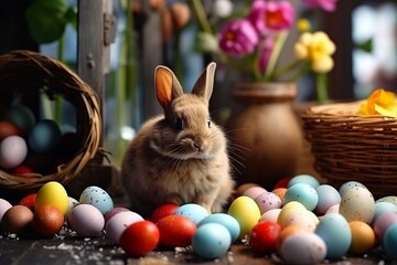 Bunny with Easter Eggs on Wooden Surface.
Rabbit among multicoloured Easter eggs.