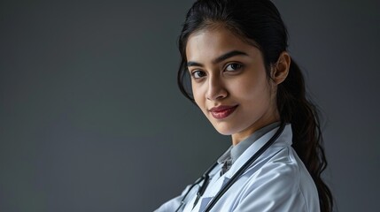 Medical concept of Indian beautiful female doctor in white coat with stethoscope