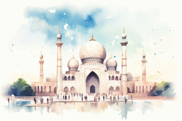 Obraz premium Ramadan Kareem greeting card with mosque silhouette. Vector illustration.
