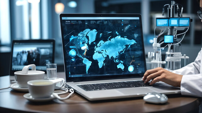 AI Medical technology, online health, global health network and tourism concept. Doctor using digital tablet and laptop computer with medical technology internet network connection,