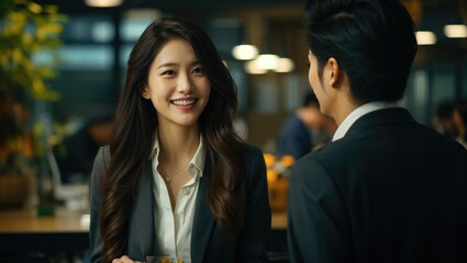 asian office worker girl is standing and talking with a man in a company