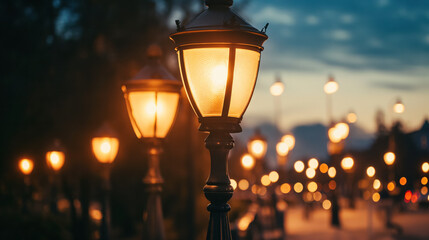 Lamp posts alight at dusk.