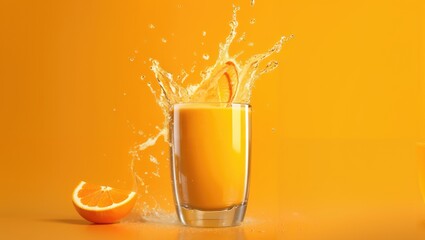 Glass of orange juice with liquid splashes on orange background