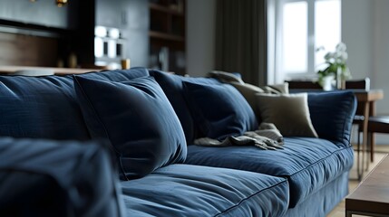 Navy blue sofa in studio apartment. Scandinavian home interior design of modern living room and kitchen.