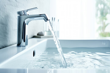 Modern faucet with clear water stream in sunlight