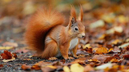 Naklejka na ściany i meble Squirrel among autumn leaves.