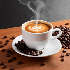 Cup of coffee and coffee beans on a wooden table, close up