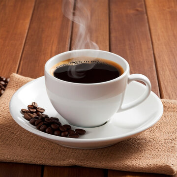 Coffee cup and coffee beans on a wooden table background.