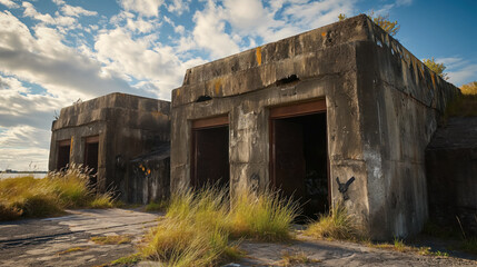 Abandoned concrete bunkers in field.