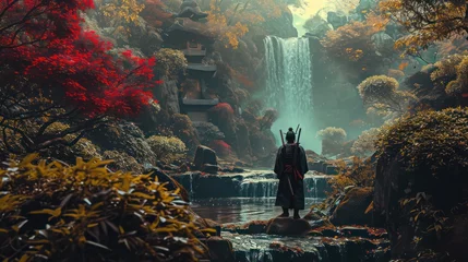 Deurstickers samurai at the waterfall © Terablete