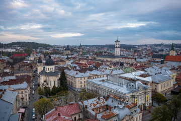 Naklejka na ściany i meble Panoramic aerial view on Lviv from drone