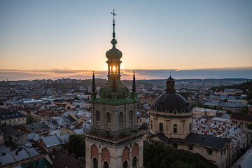 Panoramic aerial view on Lviv from drone