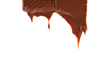 Piece of melted chocolate bar isolated on white background. Chocolate drips.