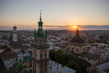 Naklejka premium Panoramic aerial view on Lviv from drone