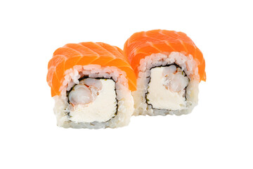 Sushi closeup isolated on white background. Sushi roll with red fish, trout, Philadelphia cheese and eel. Japanese restaurant menu.