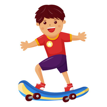 a Boy Playing Skateboard While Smiling Vector Illustration
