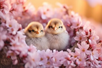 Two little chicks are in a nest of pink flowers. Realistic