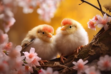 Two little chicks are sitting on a thick tree branch in pink flowers. Realistic