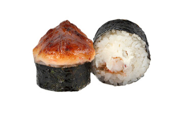 Sushi closeup isolated on white background. Sushi with seaweed nori baked.