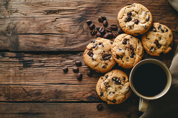 There are craft chocolate cookies and a cup of coffee on an old wooden background. View from above