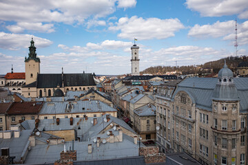 Panoramic aerial view on Lviv from drone