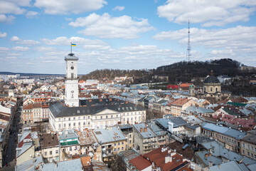 Panoramic aerial view on Lviv from drone