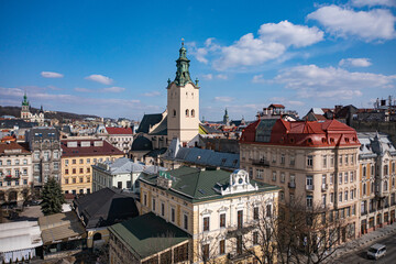 View on Latin Cathedral in Lviv, Ukraine  from drone