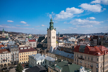 View on Latin Cathedral in Lviv, Ukraine  from drone