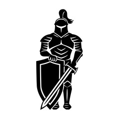 Knight icon with shield and sword on white background.- 702174935