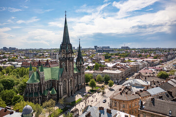 Obraz premium Aerial veiw on Elizabeth church in Lviv, Ukraine from drone.