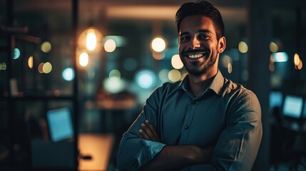 Obraz premium Portrait of a happy young businessman standing alone in a dark workplace late at night.