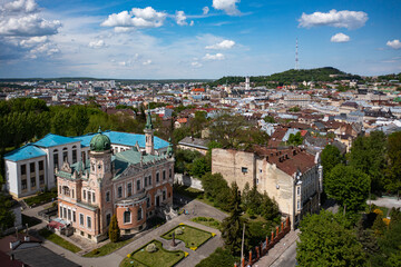 Fototapeta premium Panoramic aerial view on Lviv from drone