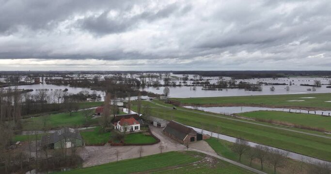 Overflow and high water, river Ijssel overflowing because of excessive rain and meltwater.
