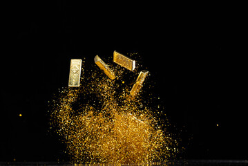 Gold Ingot Chinese Money bar token fly with dust particle in air. Chinese new year Yuanbao gold bar...