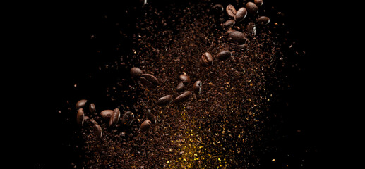 Coffee roasted bean ground fly explosion, Coffee crushed ground float pouring mix with beans....
