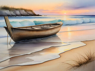 Wooden boat on the beach at beautiful sunset. Watercolor illustration for design, wallpaper, background, artwork
