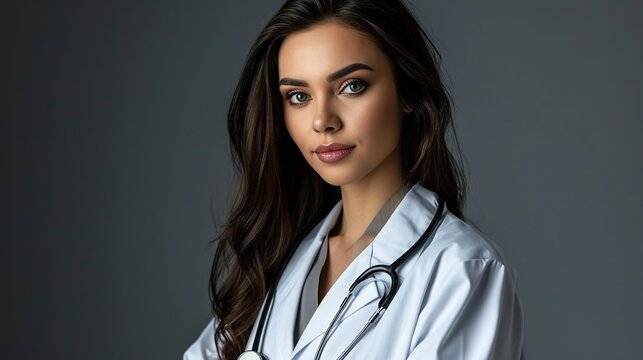 Portrait of an attractive young female doctor in white coat
