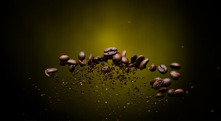 Coffee roasted bean ground fly explosion, Coffee crushed ground float pouring mix with beans....