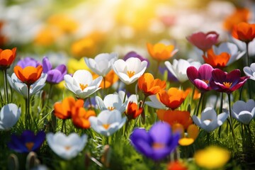 colorful crocus flowers in park nature background