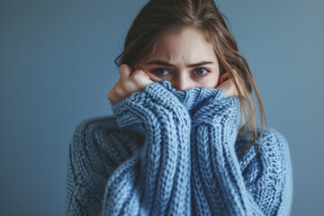 Woman in blue turtleneck knitted sweater sadly looking at camera while covering sad face. Feelings of depression, sadness, loneliness, social phobia. Winter cold. Blue Monday