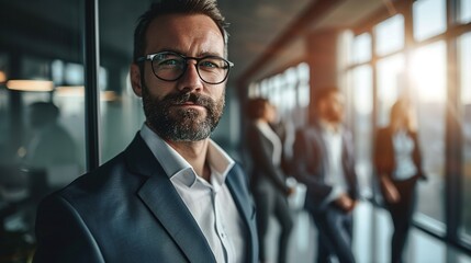 Portrait of businessman leading his team at office - obrazy, fototapety, plakaty