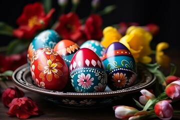 Fototapeta premium Artistic Easter Eggs with Floral Patterns. A collection of Easter eggs with artistic floral patterns on a silver platter.