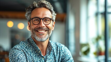Portrait of confident businessman in business casual. Happy middle aged, mid adult, mature age man smiling. Entrepreneur in modern office. - obrazy, fototapety, plakaty