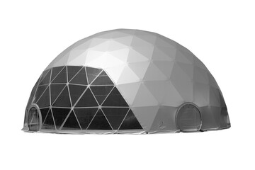 Space base spherical tent, white and grey round plastic round building on white background.