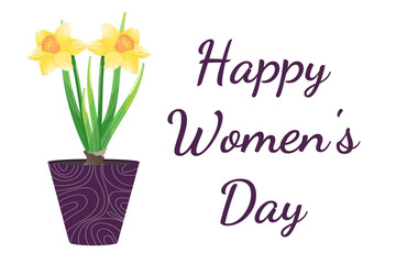 Happy Women's Day greeting card with daffodils in pot.