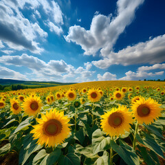 Obraz premium Sunflower field on a sunny day. Endless field covered with lots of sunflowers, cloudy sky in the backgroud