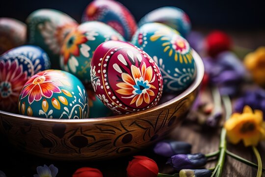 Hand-Painted Easter Eggs in Decorative Bowl.
Intricately painted Easter eggs in a wooden bowl surrounded by spring flowers.