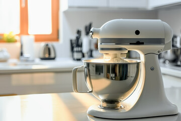 Close up of a kitchen mixer blending ingredients in a bowl in background of modern kitchen. Cooking concept of machine and food.