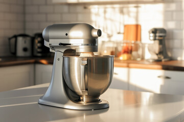 Close up of a kitchen mixer blending ingredients in a bowl in background of modern kitchen. Cooking concept of machine and food.