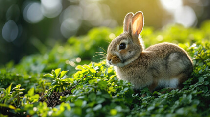 A young rabbit sits in a sunlit patch among vibrant green foliage, its fur soft and detailed